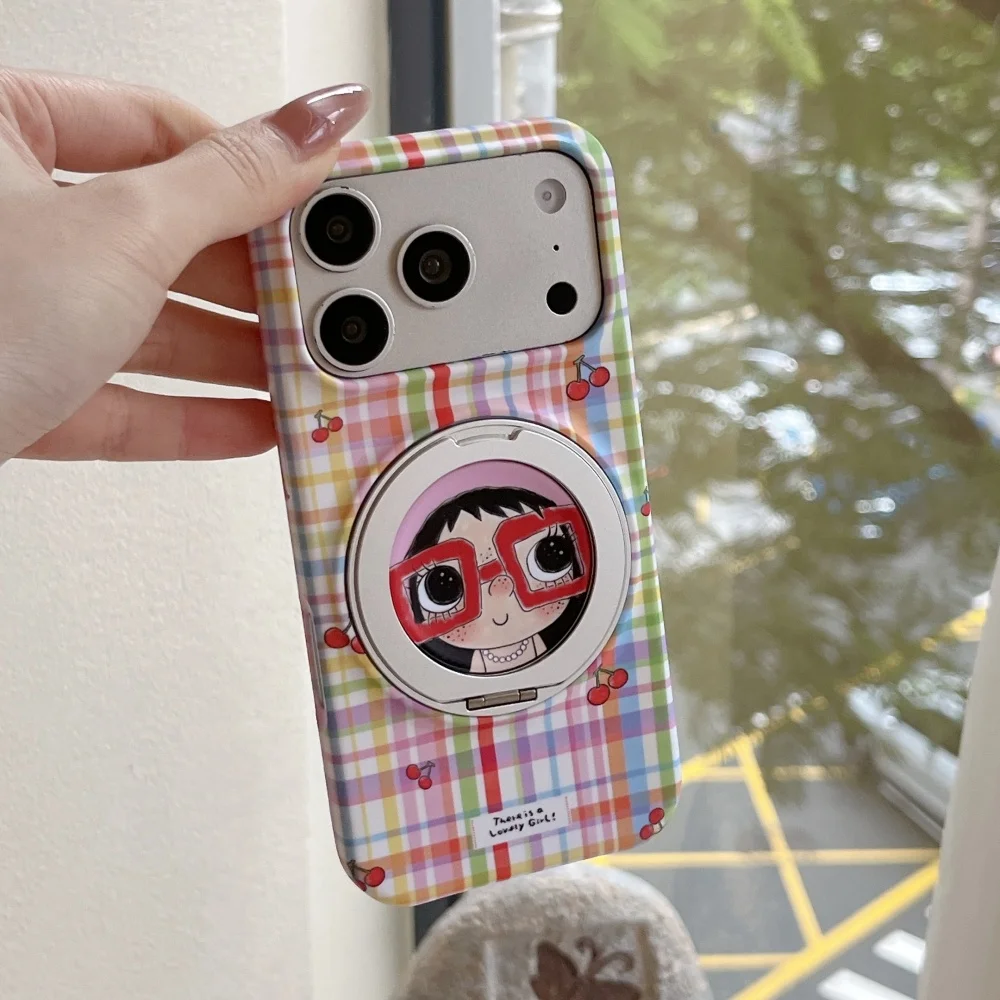 Cute Cartoon Girl Yuyu Pattern Dopamine Plaid Phone Case For iPhone 17 Pro 15 16 17 Pro Max 15 Pro Anti-Fall With Magnetic Stand