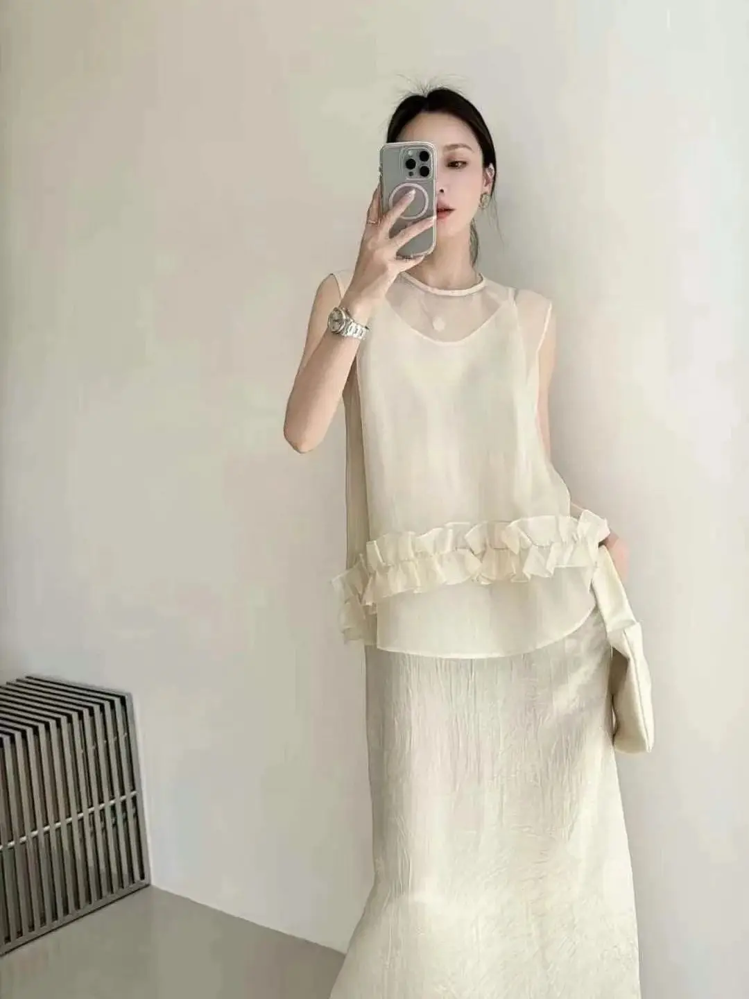 

Elegant summer women's silk acetate dress with matching blouse