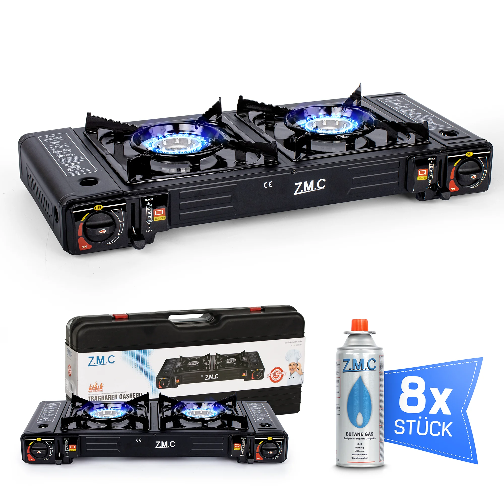 ZMC 2-pits gasfornuis, 2,3 kW, inclusief 8x227g gaspatronen met piezo-ontsteking, LPG-adapter en draagtas | Gasfornuis geschikt voor 227g gaspatronen | Ideaal voor buitengebruik, kamperen, balkon