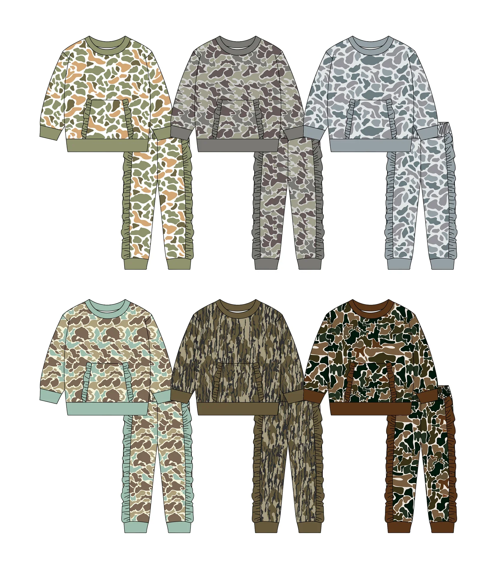 Boutique Casual Tracksuit for Kids Toddler Girl Camouflage Outfit Multiple Camo Print Sweatshirt Ruffle Pants Set