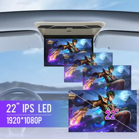 22 Inch Car Roof Monitor TV Flip Down 1080P Video Player IPS Ceiling Display Screen 16 Colors Ambient Lights SD HDMI FM Android