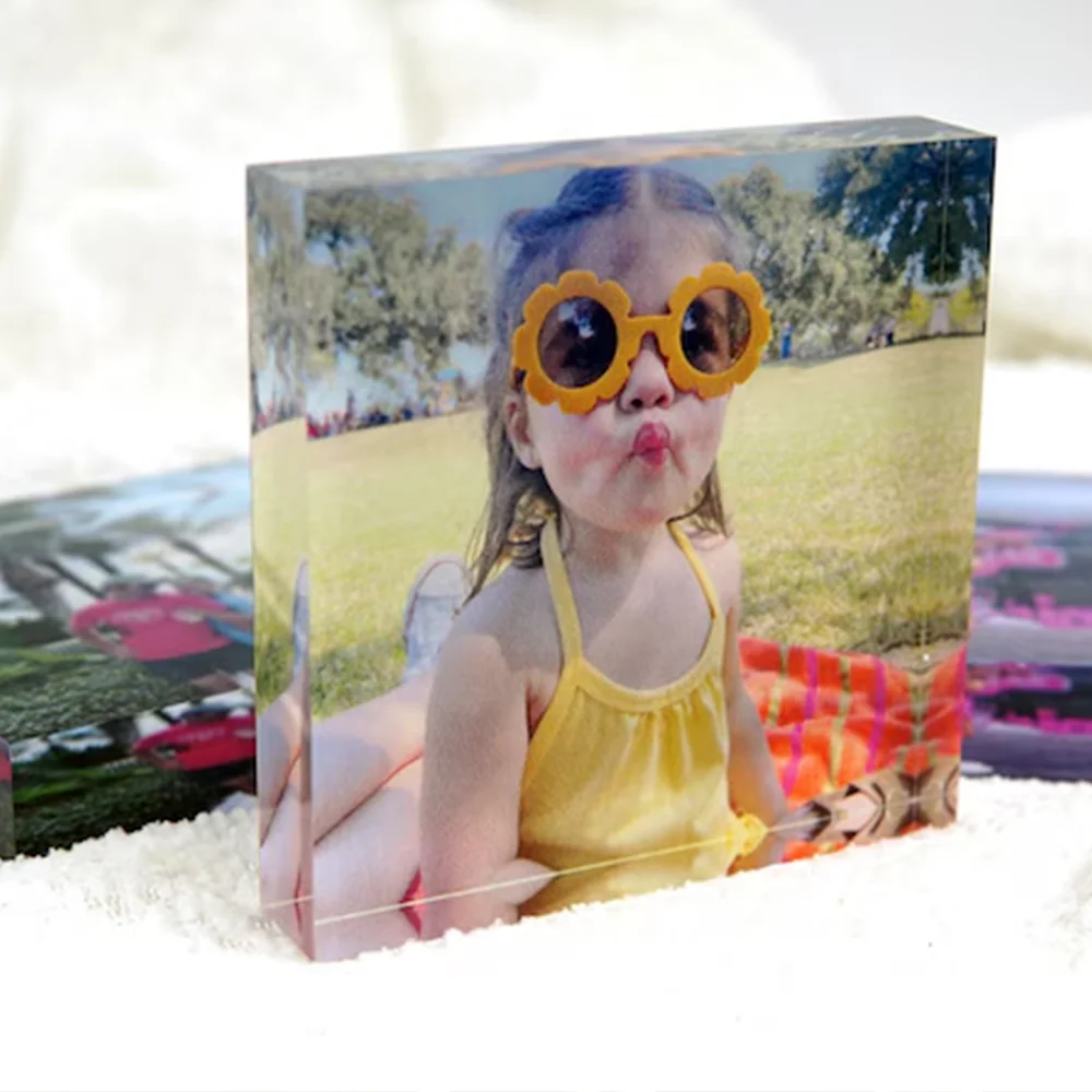 A Custom Acrylic Desktop Decoration with Personalized Photo Options, Including Artistic Images, Couple Portraits, and Family Pho
