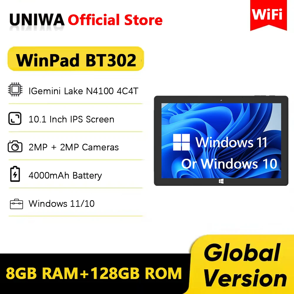 UNIWA Winpad BT302 10.1 Inch Windows 11/10 Tablet PC N4100 4C4T Processor 4+64GB/8+128GB 4000mAh Smart Pad WiFi BT Double USB