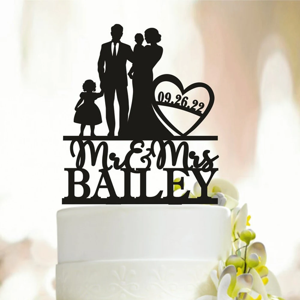 Personalized Mr and Mrs Name Family Cake Topper with kids, Couple Cake Topper, Wedding Cake Topper, Cake topper with baby