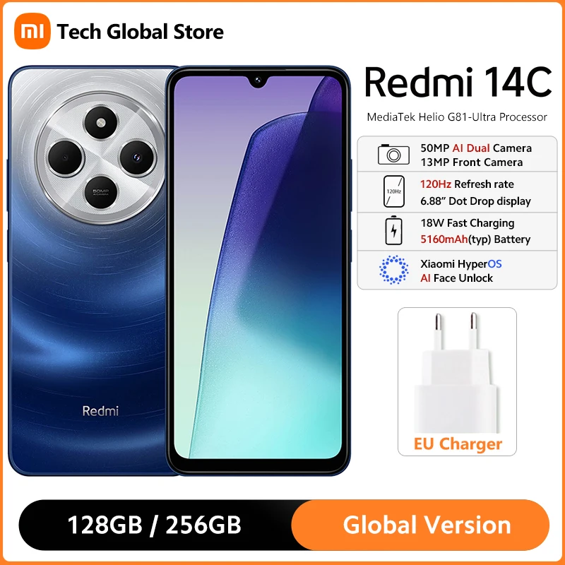 Xiaomi Redmi 14C Smartphone versión Global 8GB 256GB 6,88 "120Hz pantalla 50MP AI cámara Dual 18W carga rápida 5160mAh batería