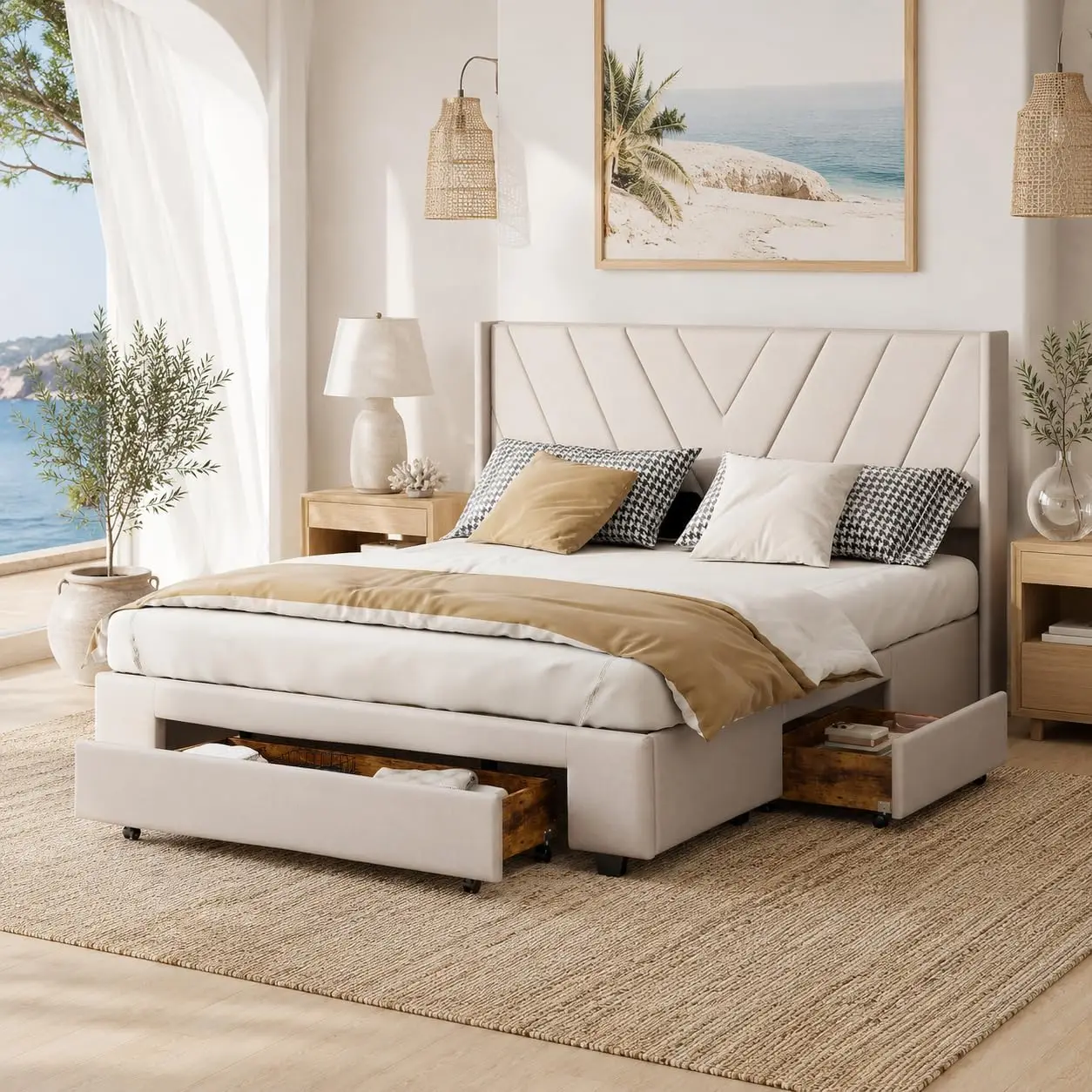 Lit double 160 x 200 cm, avec 3 tiroirs, coffre de rangement, avec tête de lit et sommier à lattes, sans matelas, lin, beige (160 x 200 cm)