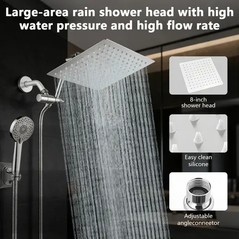 High Pressure Shower Head with Handheld Rainfall Combo - 8” Rain & 11” Extension Arm, 5-Spray Settings Suitable for Bath/Shower,