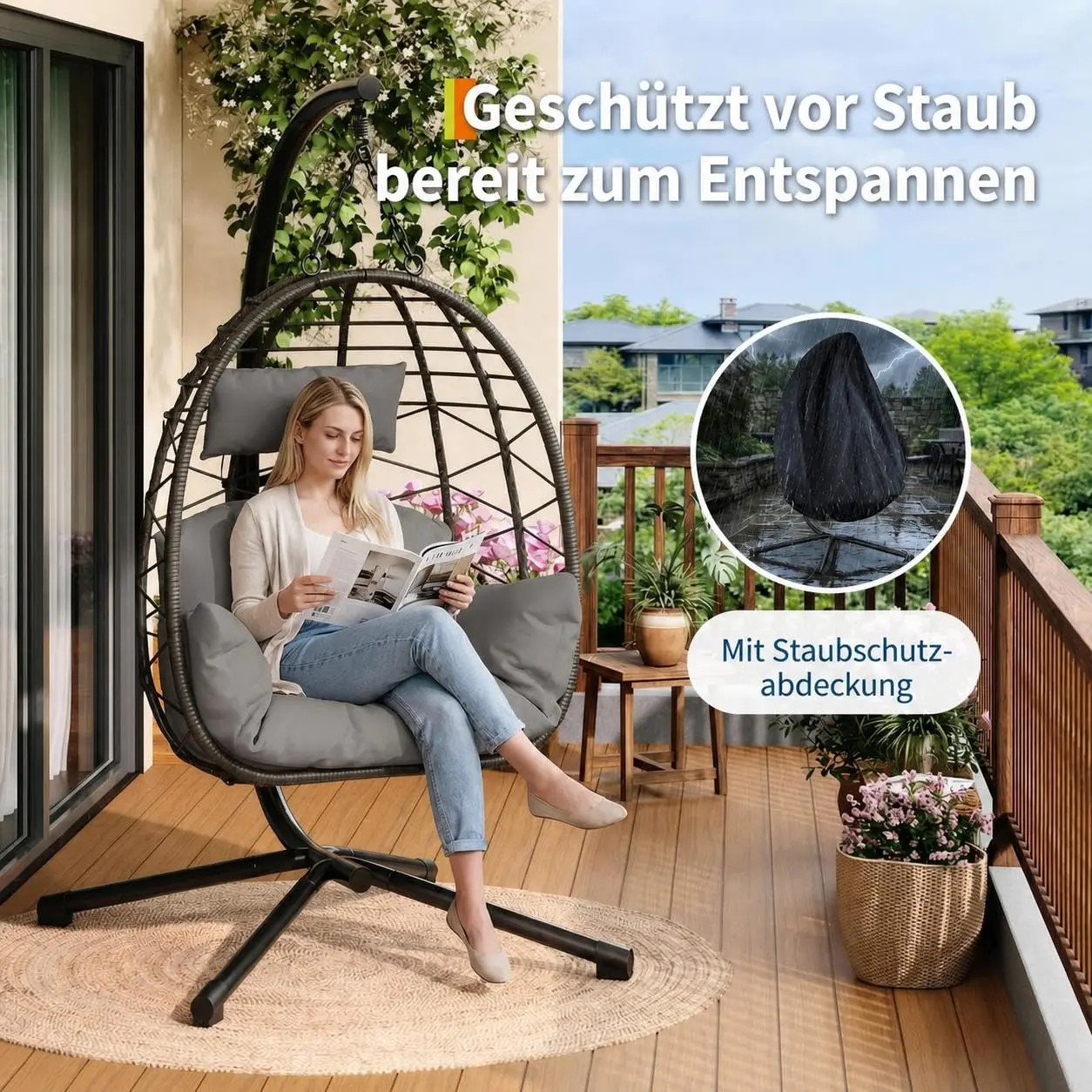 Chaise suspendue d'extérieur avec support, balançoire en rotin en forme d'œuf, pliable et réglable en hauteur, résistante aux intempéries, avec coussins lavables, appui-tête et housse de protection, capacité jusqu'à 150 kg, pour jardin et balcon