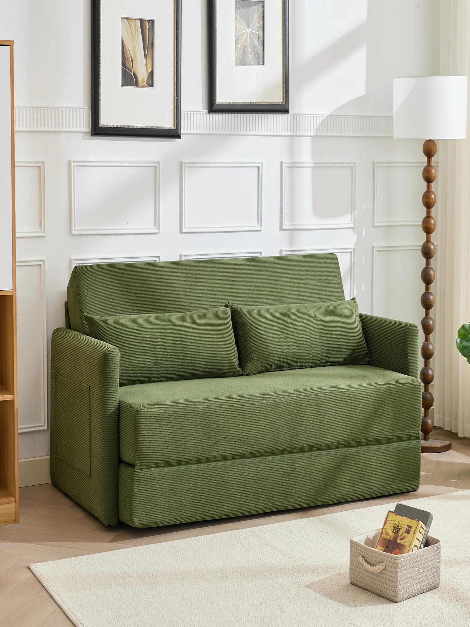 2-in-1 Klappsofa-Bett aus Cordstoff mit zwei Lendenkissen und Magazintaschen Bodensofa platzsparend für Wohnzimmer Wohnung Arbeitszimmer Grün