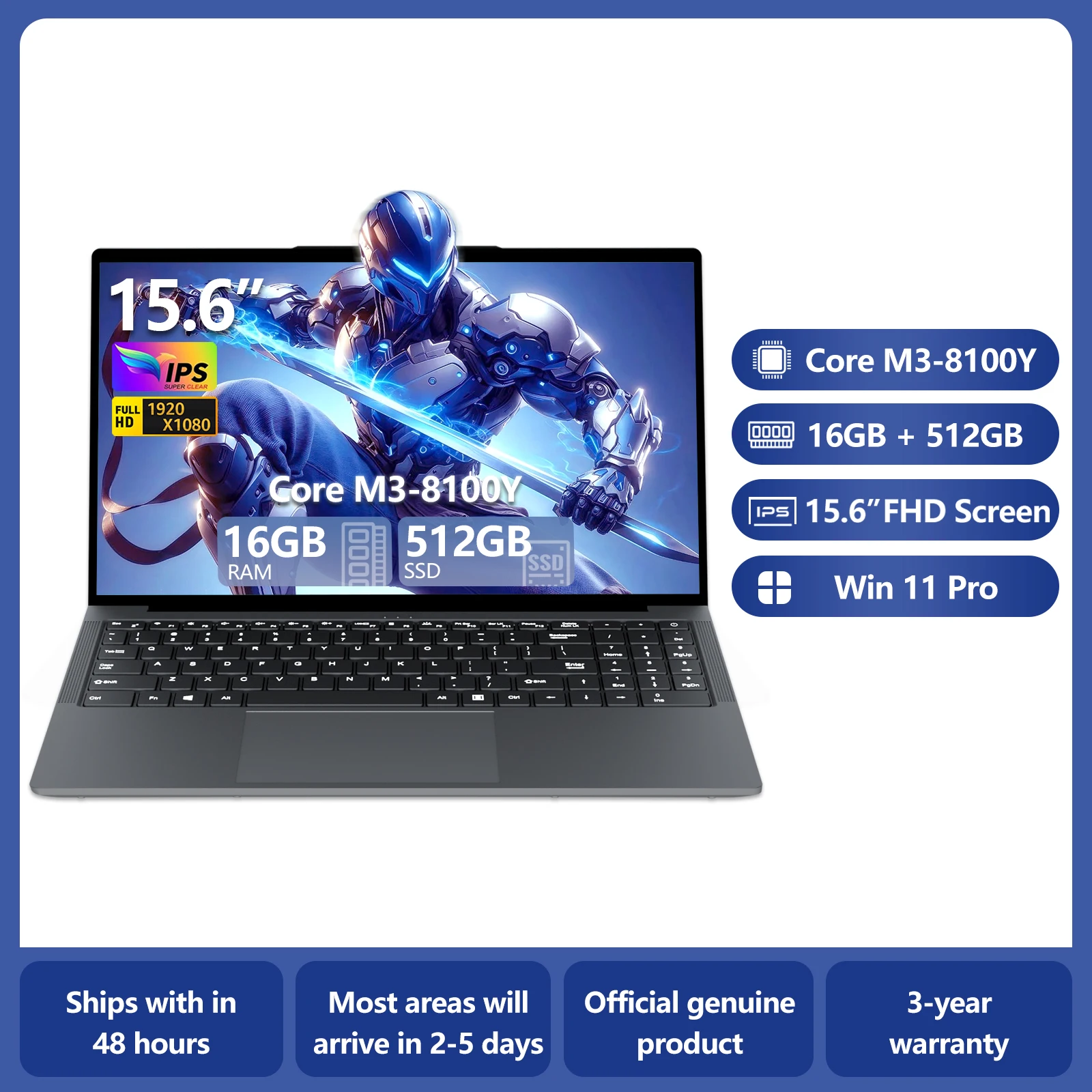 Laptop da 15,6 pollici con processore Core i3-8100Y, notebook con Windows 11, 16 GB di RAM, SSD da 512 GB, schermo IPS FHD 1080P con tastiera numerica
