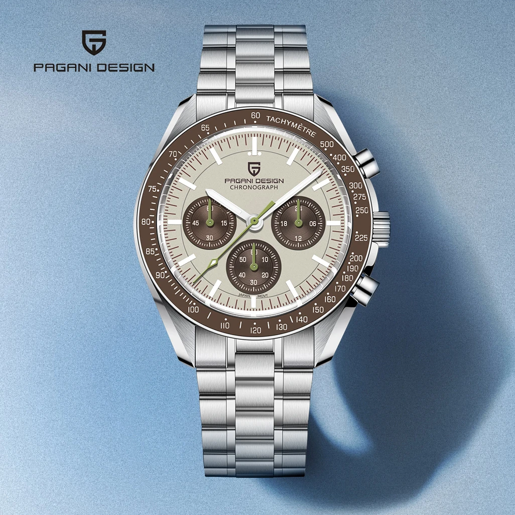 PAGANI DESIGN 2026 Montre à quartz rétro marron pour homme, chronographe de vitesse, montre-bracelet en cristal saphir, série Saturne, livraison locale