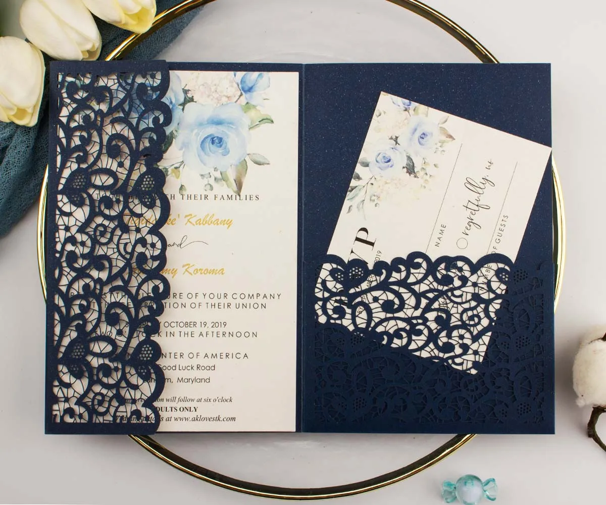 1 قطعة الأزرق الداكن ثلاثي أضعاف المغلف جيب الليزر قطع دعوة الزفاف مع بطاقة rsvp ومغلف جيب دعوة الأكمام