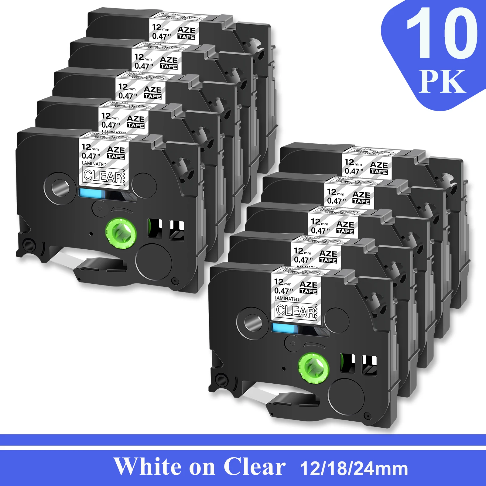 

10PK White on Clear Label Tape Compatible for Brother TZ TZE-135 145 P-Touch Label Printers 12/18/24mm Standard Laminated Ribbon