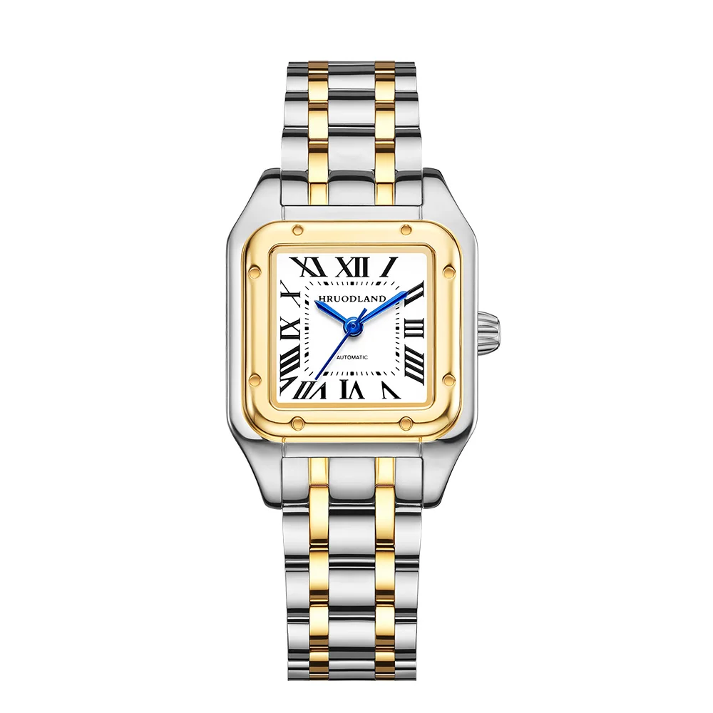 HRUODLAND Damen Automatik Uhr Quadratisch 27mm Luxusuhr Mechanische Uhr im Panther Stil Römische Ziffern Saphirglas