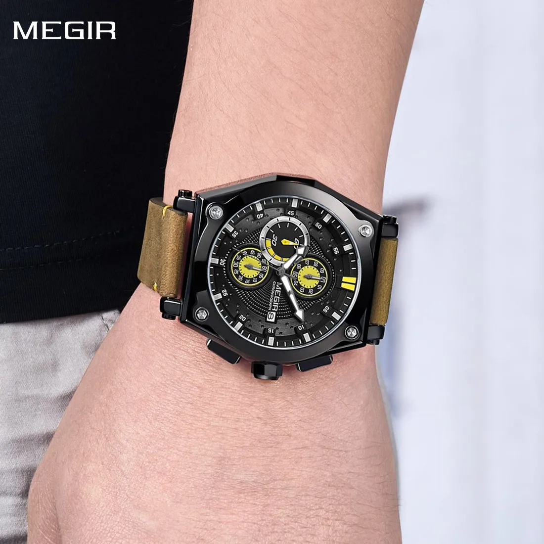 

MEGIR Blue Quartz Men Watches Top Brand Leather Strap Chronograph Sport Wrist Watch Men Clock Relogio Masculino Reloj Hombre