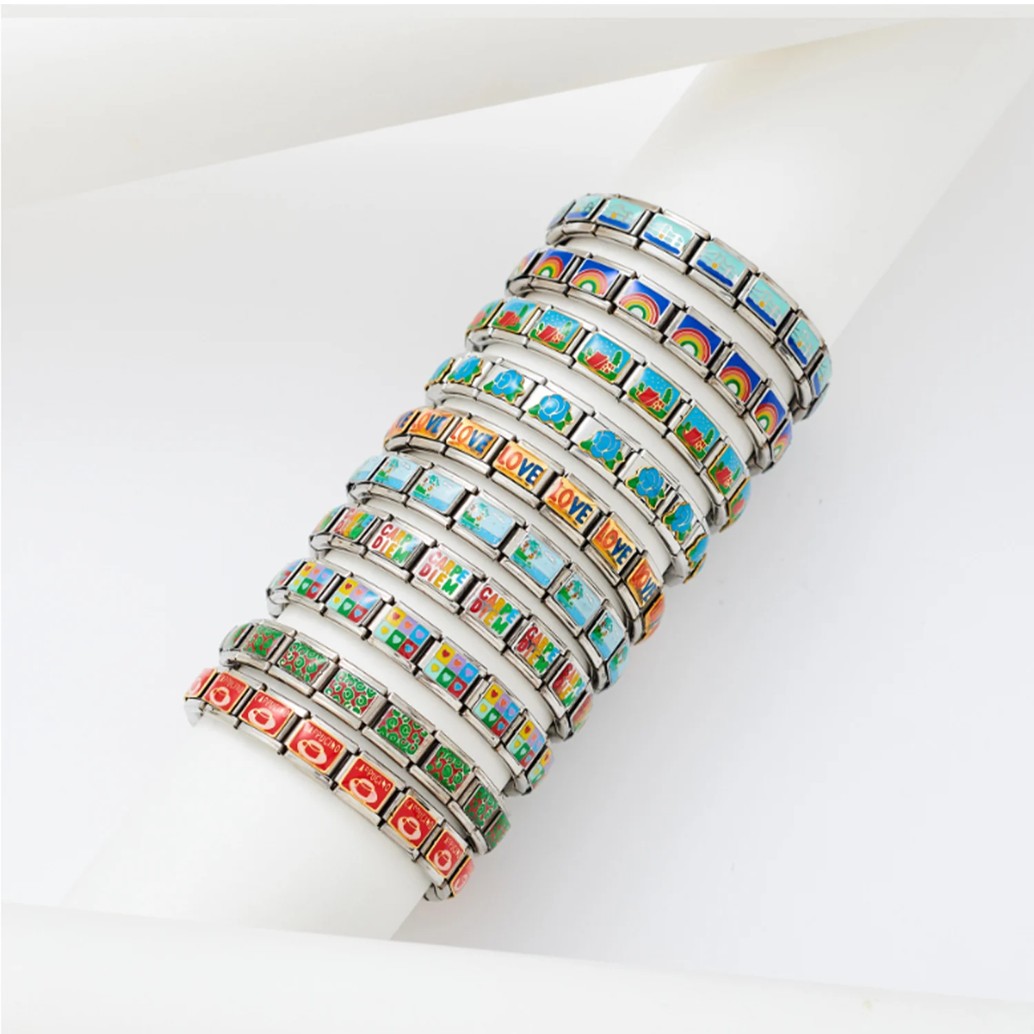 Custom DIY 9 mm Italian Link Bracelet Colorful Glaze Heart Zirconia Charm Hypoallergenic Stainless Steel Jewelry for Women