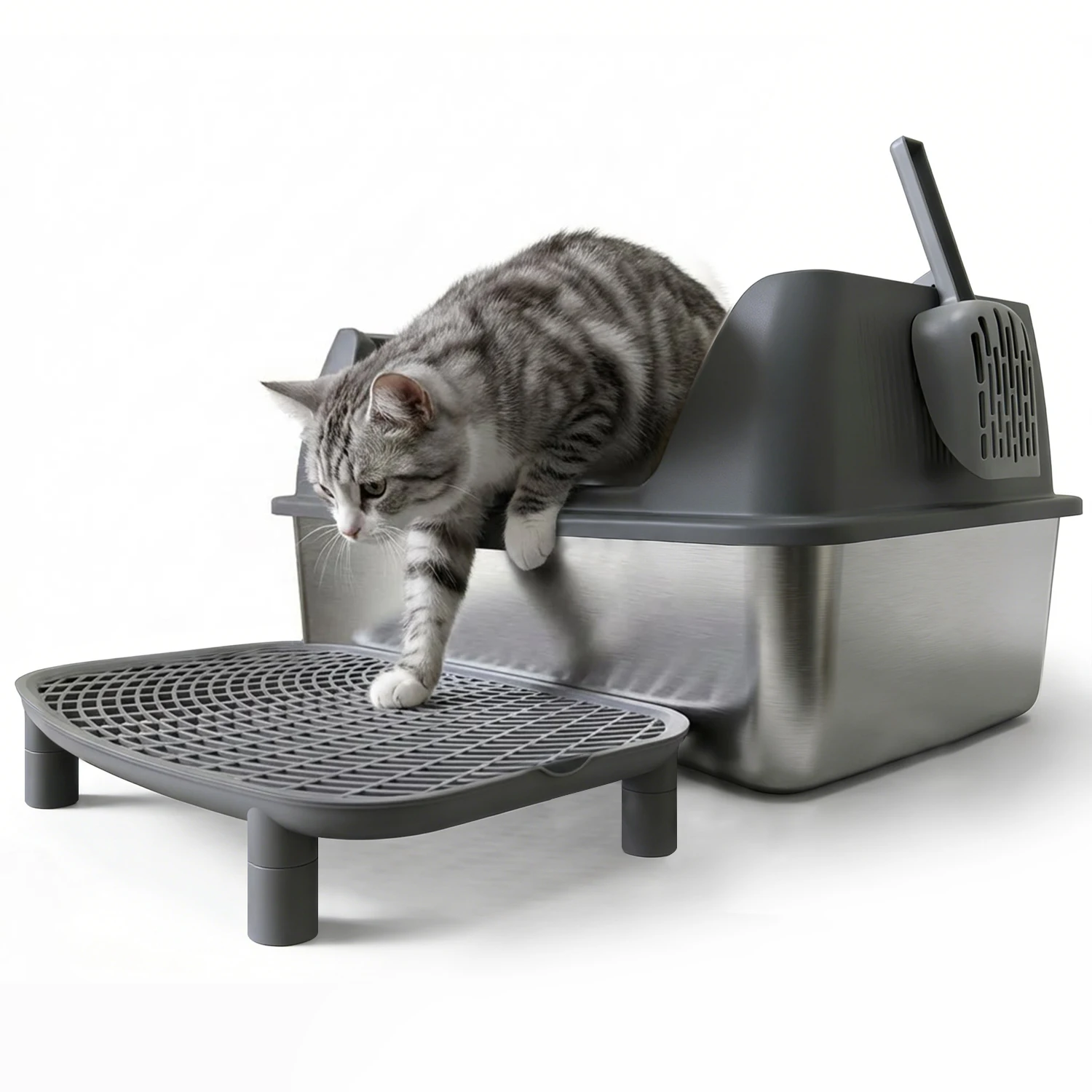 LEEJARD XL Katzenklo Edelstahl 60x40x25 cm Offen Katzentoilette mit Deckel & Hohem Rand für Große Katzen, Spritzsicher & Einfach zu Reinigen Metall-Katzenklo