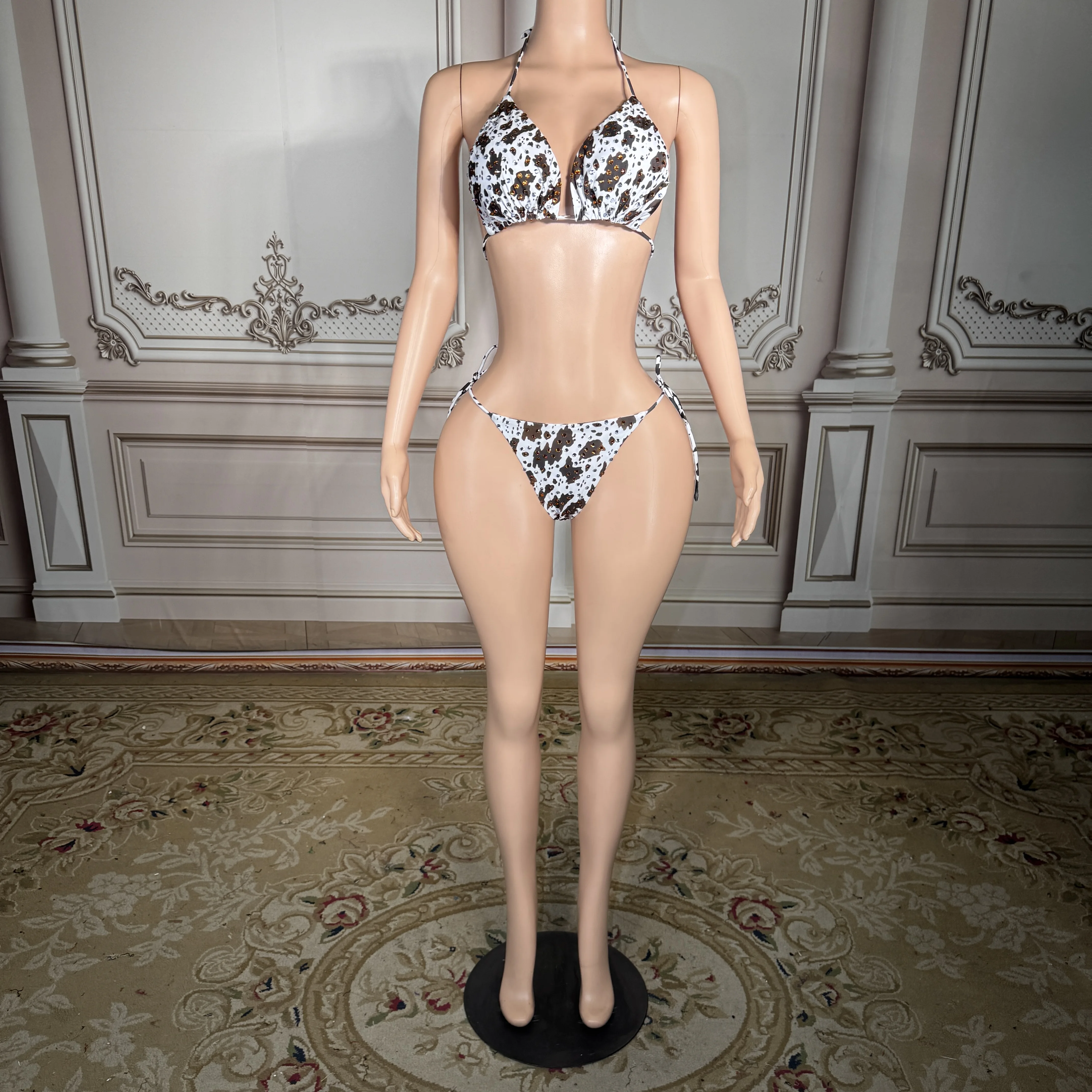 

ZD Elegant High-Contrast Spotted Rhinestone Bikini Women Sexy Triangle Top Tie Side Swimsuit Luxury Crystals