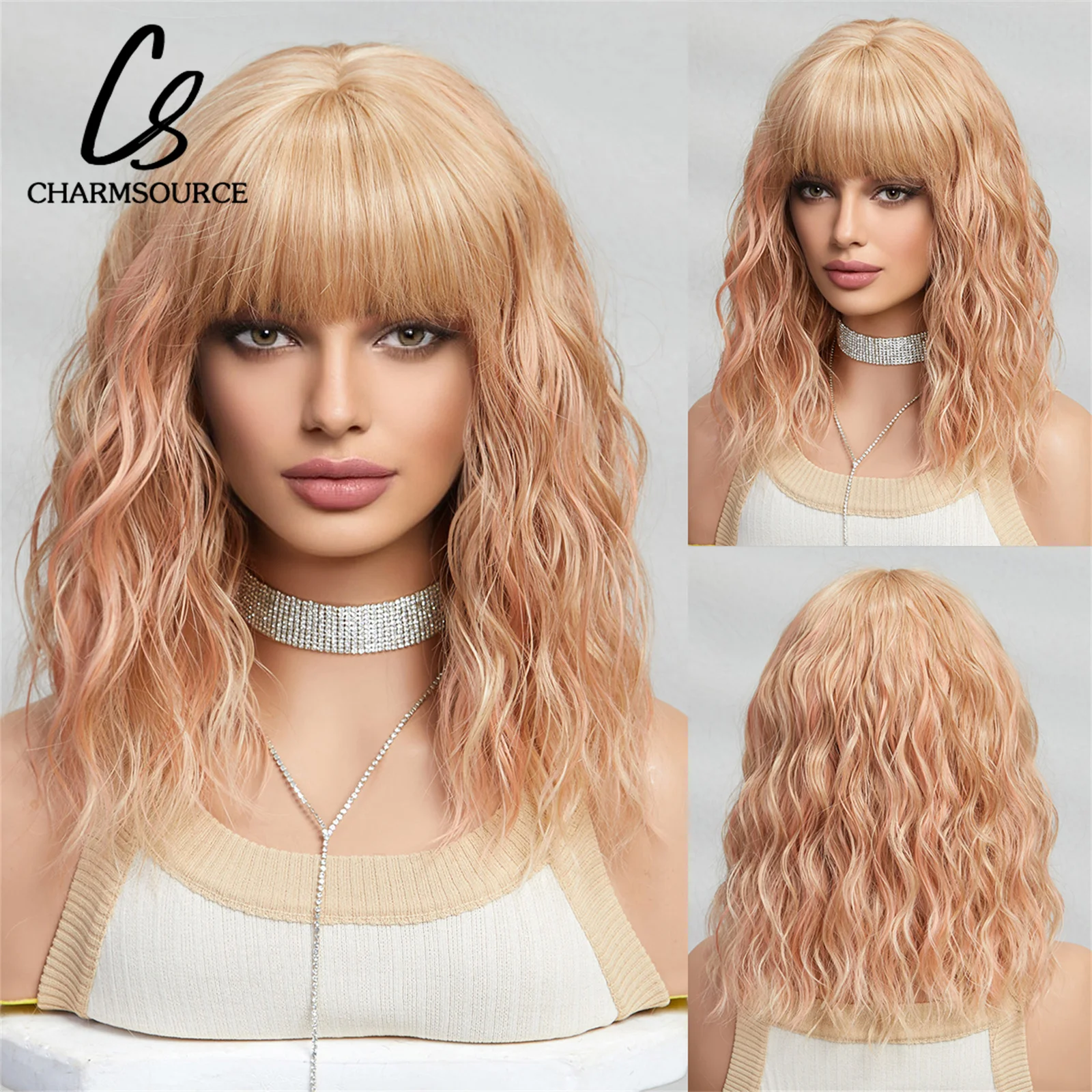 

CharmSource Short Natural Wave Curly Pink Blonde BoB Hair Wig Synthetic Wigs Bangs for Women Daily Party High Density