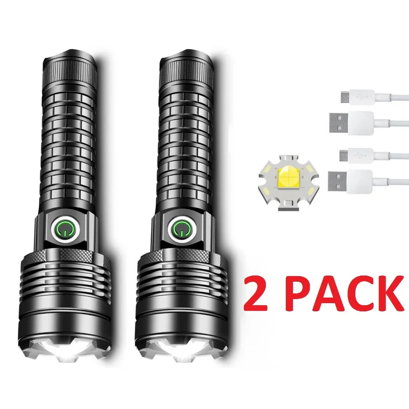 2 Pack Zommable Led Flaslight USB Rechargeable IPX65 Waterproof Flash Light for Hiking Camping Cycling Outdoors Fishing