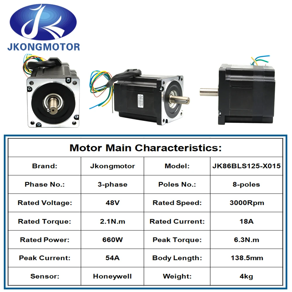 Imagem -02 - Jkongmotor 86 mm Jk86bls125-x015 sem Escova dc Motor para Venda 48v 660w Bldc Salão Sensor Motor Elétrico 2.1n. m Bldc Motor Conjunto