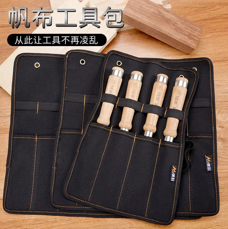 Chisel Carrying Case Canvas Pocket Tool Roll Holder Wrench Pouch 4 Pockets Organizer For Knife Hammers Gouges Carpenter