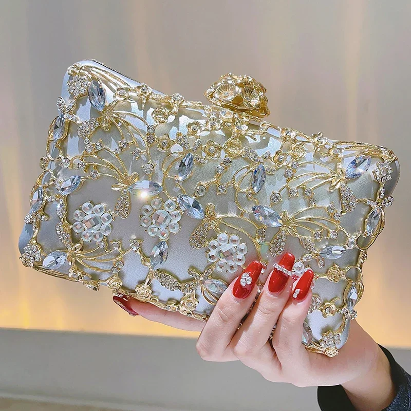 Eleganckie pudełko torebka z uchwytem torebki damskie z wydrążonym Rhinestone torba wieczorowa na na imprezę bal ślub — zdjęcie 2