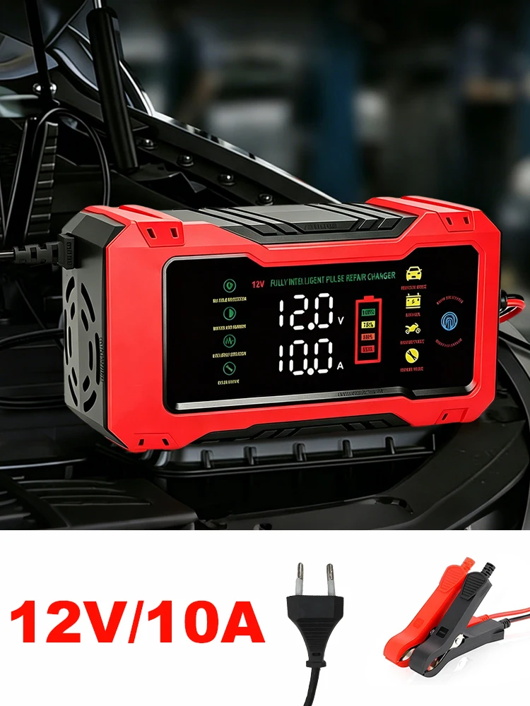 Prostownik do akumulatorów samochodowych 12V 10A, inteligentna ładowarka impulsowa do naprawy akumulatorów samochodowych, motocyklowych, ciężarowych, akumulatorów kwasowo-ołowiowych, ładowarka z — 2