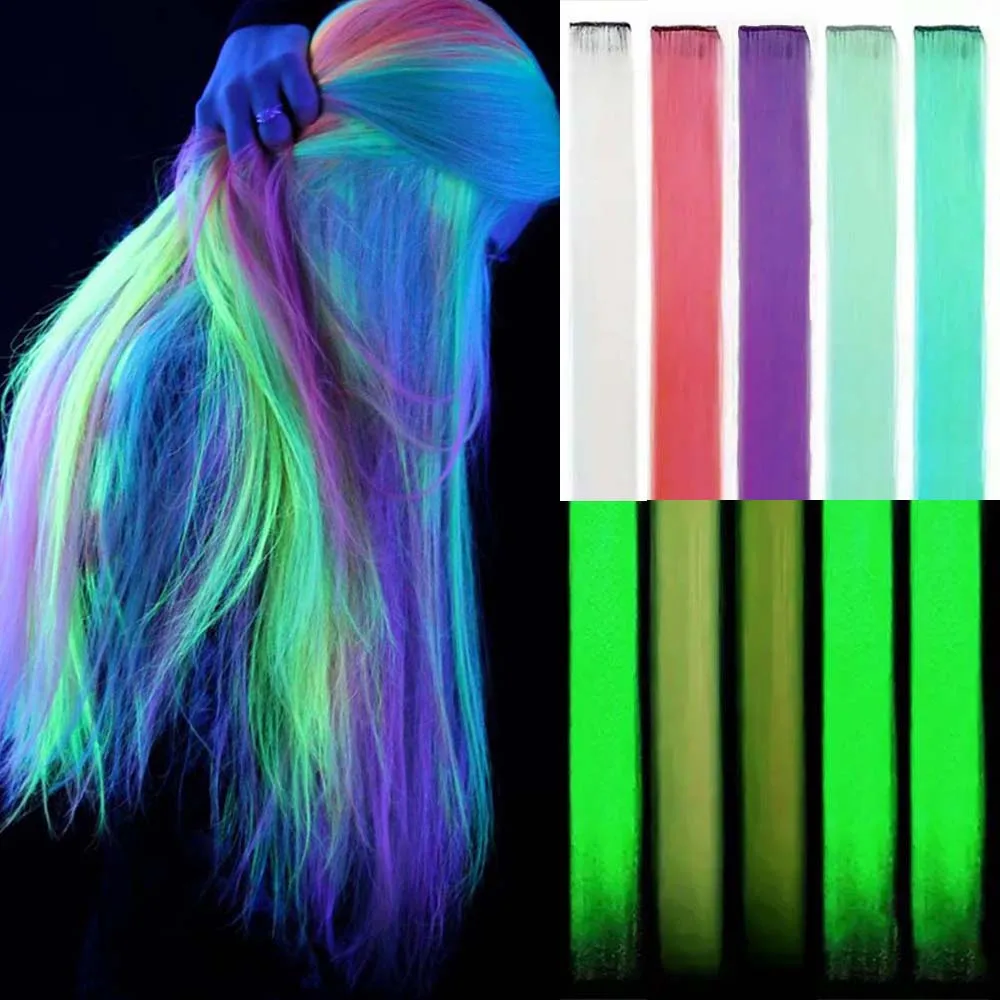 5pcs Luminous Hair Pieces Synthetic Neon Fake Hair Clip In Party Hair Accessories Y2K Glow In The Dark Hair Extension