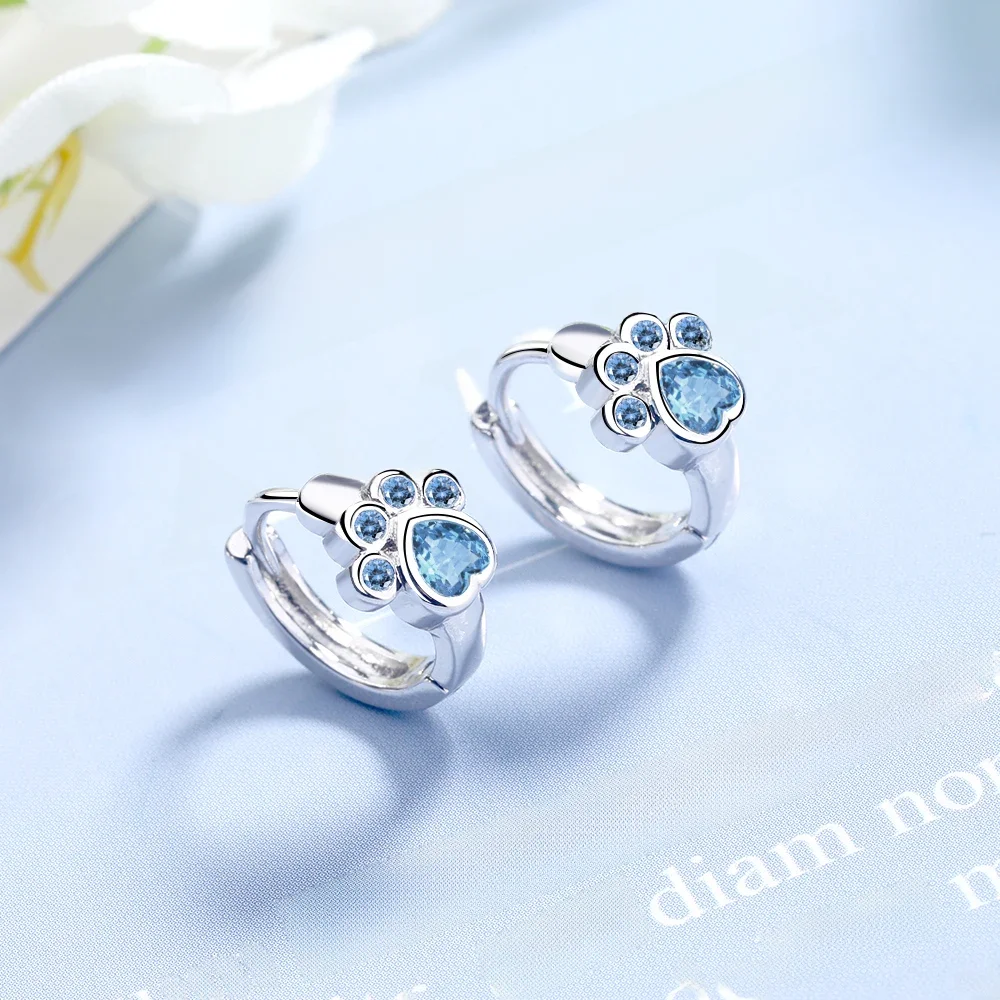 Proste śliczne 925 Sterling SIlver Animal Cat Paw Mark Blue Mosaic Zircon Crystal Earrings For Women Promise Wedding Band Jewelry — zdjęcie 2