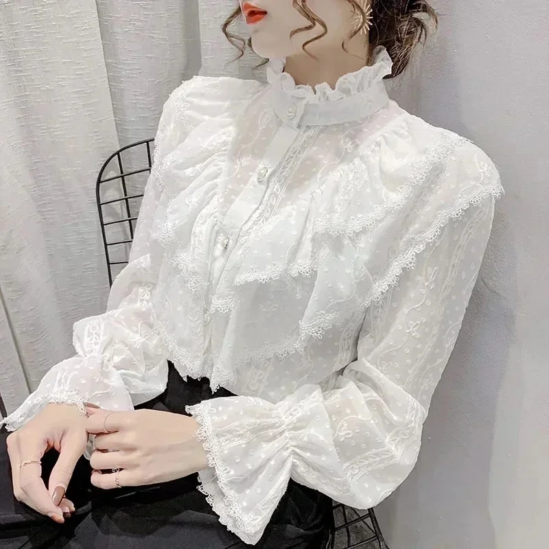 Z długim rękawem luźna wiosna modny guzik biała koszula elegancka stójka plisowane topy Casual wzburzona koronkowa bluzka Blusas 15832 — zdjęcie 2