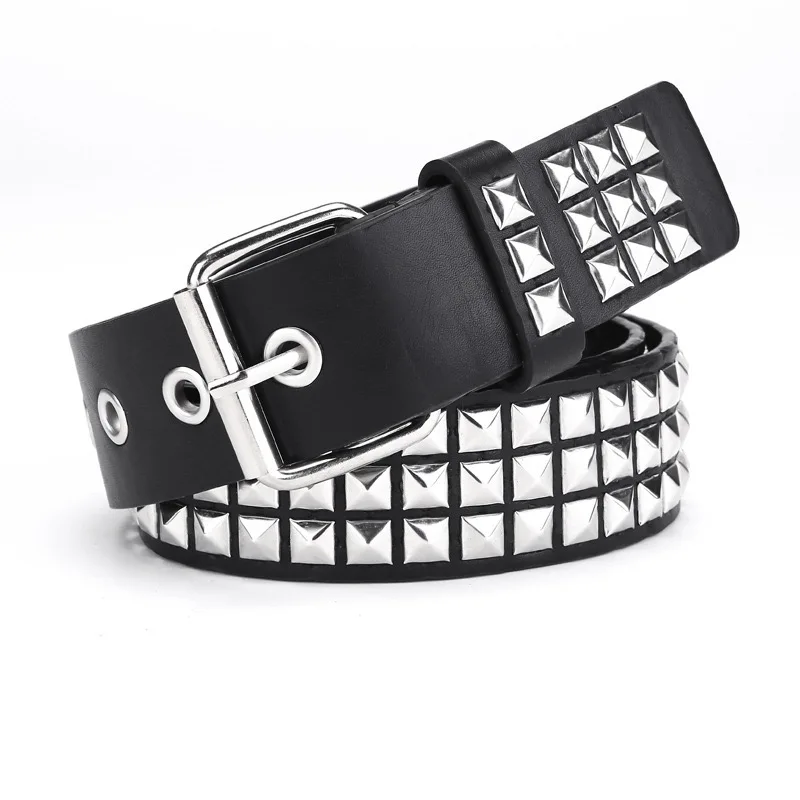 

598Black Leather Waist Belt with Silver Square Rivets for Men & Women