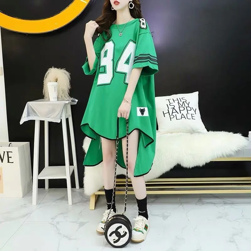 Women\'s Irregular Half Sleeve Basketball T-Shirt, Oversized Tees Dress, Sports Loose, Mid Length, Large Size Dresses, Summer