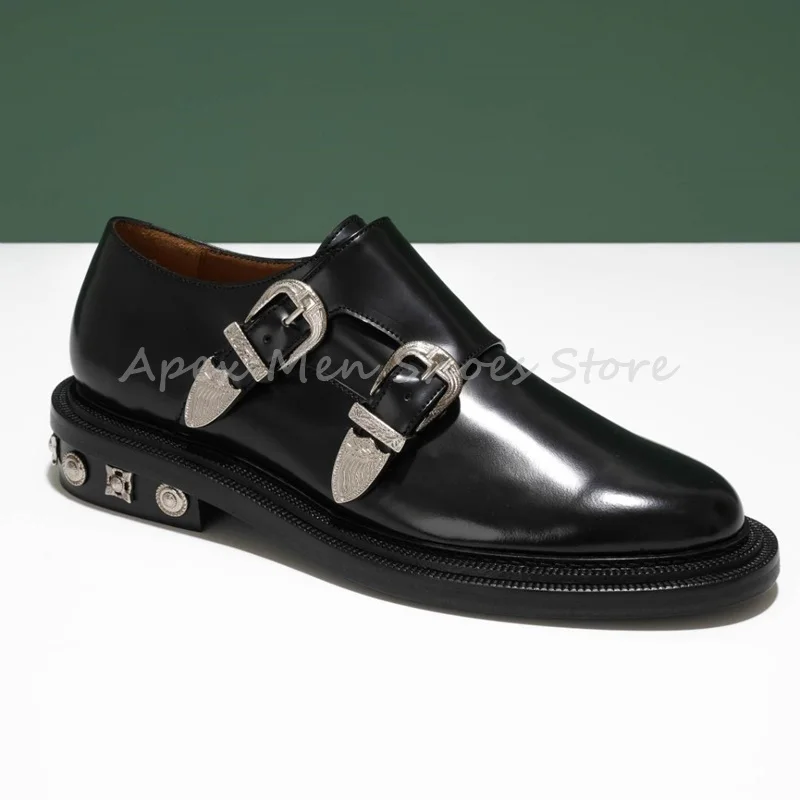 

Men's Fashion Platform Monk Shoes Double Strap Cow Leather Thick Sole Shoes Metal Buckles Retro Punk Style Black Dress Shoes