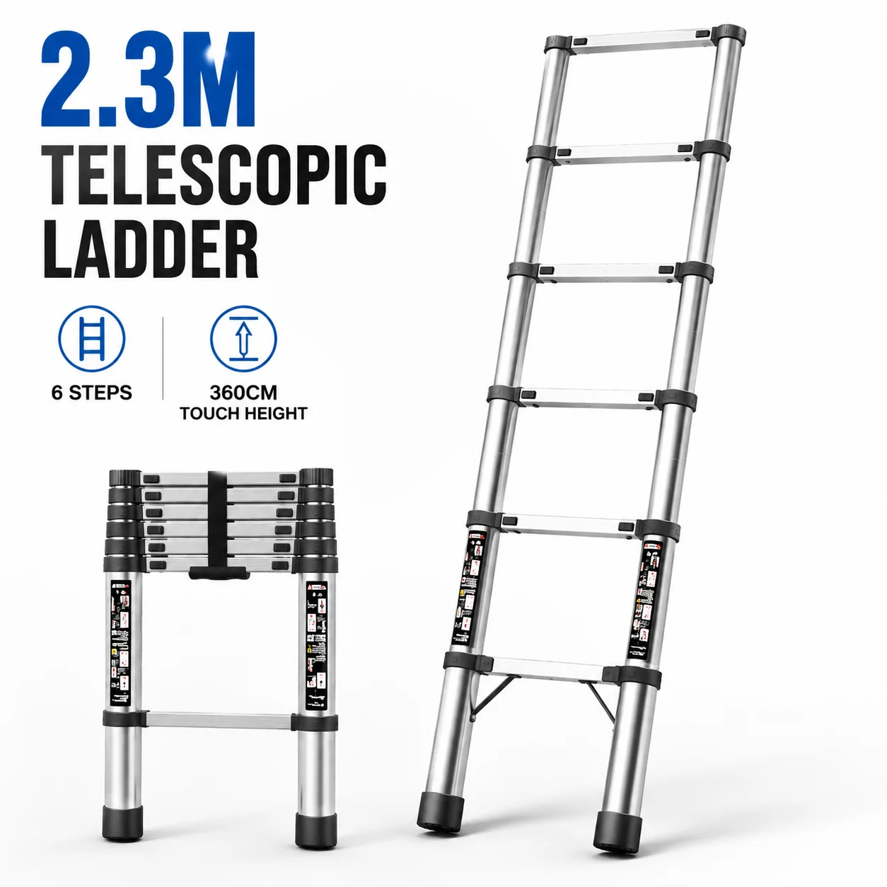 Teleskopleiter aus Edelstahl, 2,3 m, klappbare Mehrzweck-Stufenleiter, A-Leiter, tragbare Haushaltsleiter für Haus, Garten und Heimwerkerarbeiten.