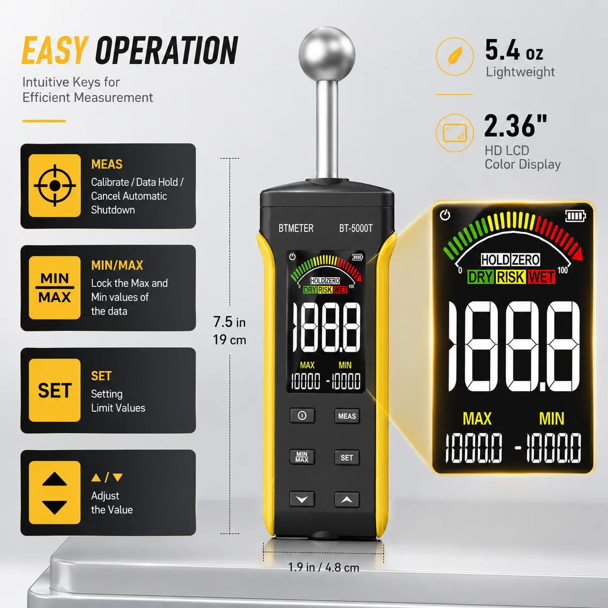 Pinless Wood Moisture Meter Non-Destructive Tester 20-40mm Depth Masonry Concrete Wall Humidity Detector with Spherical Sensor