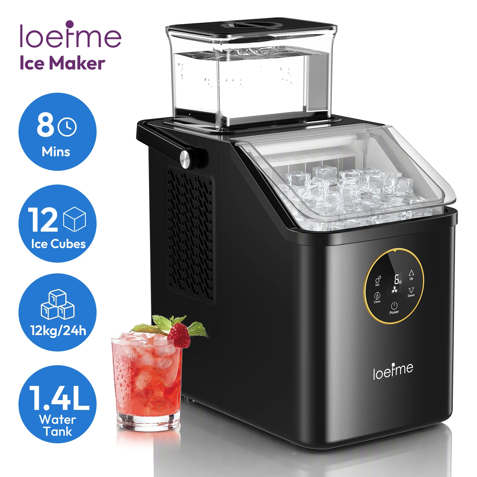 LOEFME 1,4L Tragbare Eismaschine 12kg/24h 8 Minuten Schnell-Eis 12 Eiswürfel Tisch-Eismaschine für Zuhause, Küche, Party, Wohnmobil