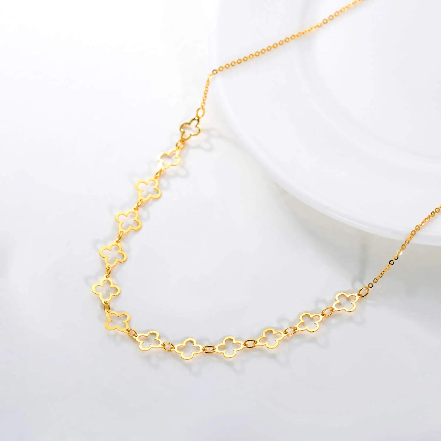 18K Real Yellow Gold Four Leaf Clover Flower Necklaces for Women Gold Chains Woman 18k Pure Gold