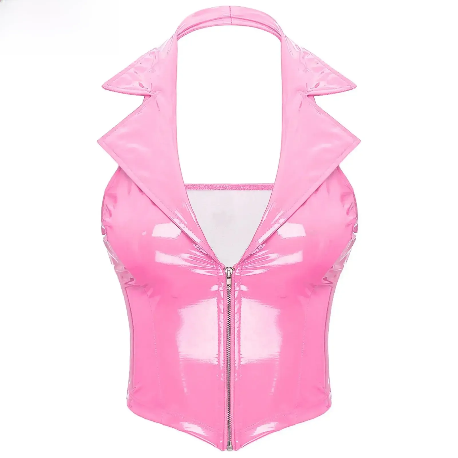 Wetlook Latex Halfter Pu Leder Leibchen Tops glänzende Lack leder Weste Kerbe Revers tief