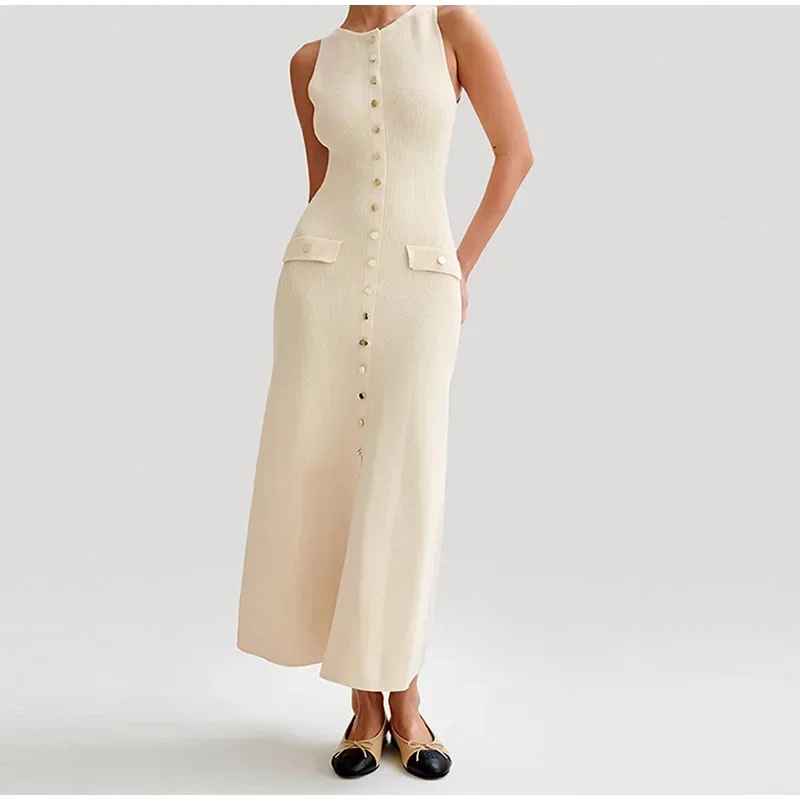 2024 Zomer Elegante Dame Gebreide Single Breasted Lange Jurken Vrouwen Solid Mouwloze O Hals Knop Bodycon Party Vrouwelijke Vestidos - afbeelding 2