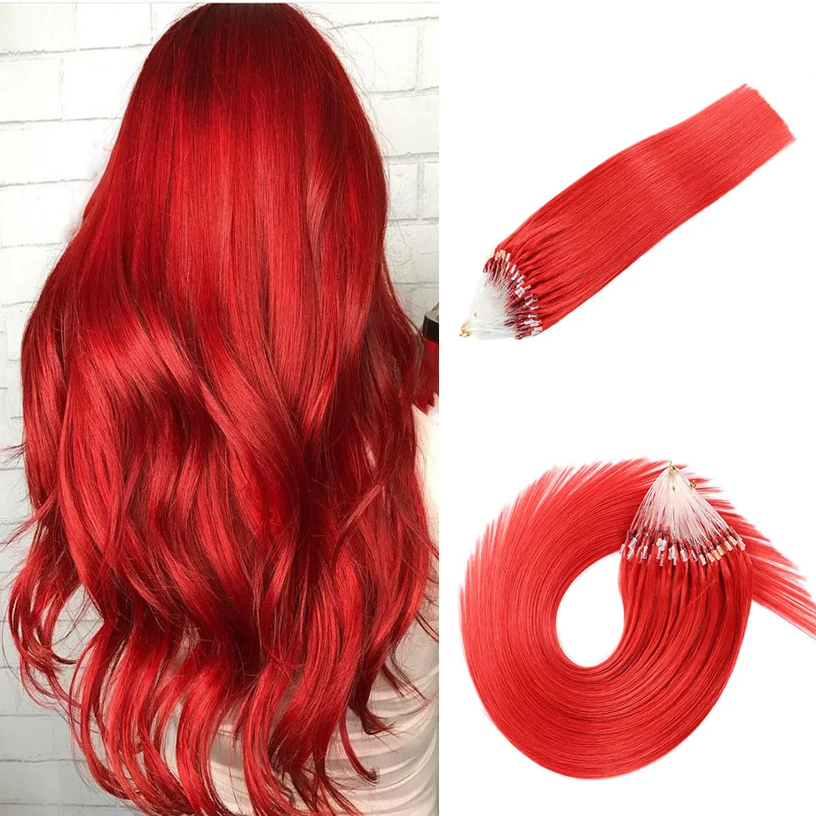 Red Micro Loop Hair Extensions Real Human Hair Natural Straight Remy Hair Colorful Microring Hair Extensions For Women Hair 50g