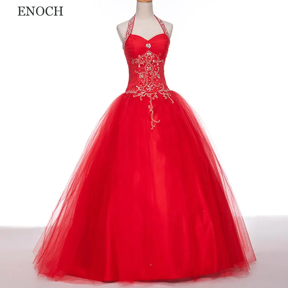 Enoch luxo halter a linha vestidos de noite sem mangas sem costas apliques vestidos formais beading feito sob encomenda vestido de noche novo