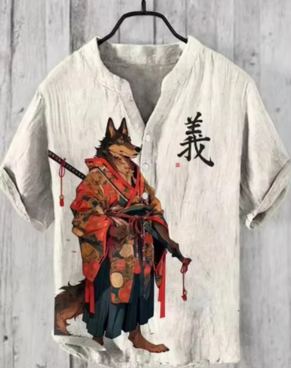 越境直販パーソナライズされたアニメ 3D 印刷カジュアル半袖リネンシャツメンズルーズユース文学シャツ高速