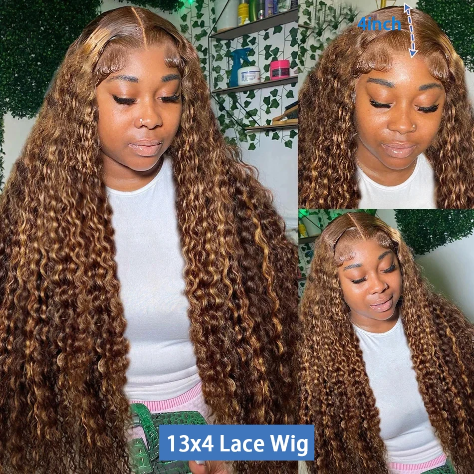 Ombre Deep Wave Lace Frontal Wig para Mulheres, perucas de cabelo humano brasileiro, destaque encerramento perucas, 13x4, 4/27, 30 Polegada