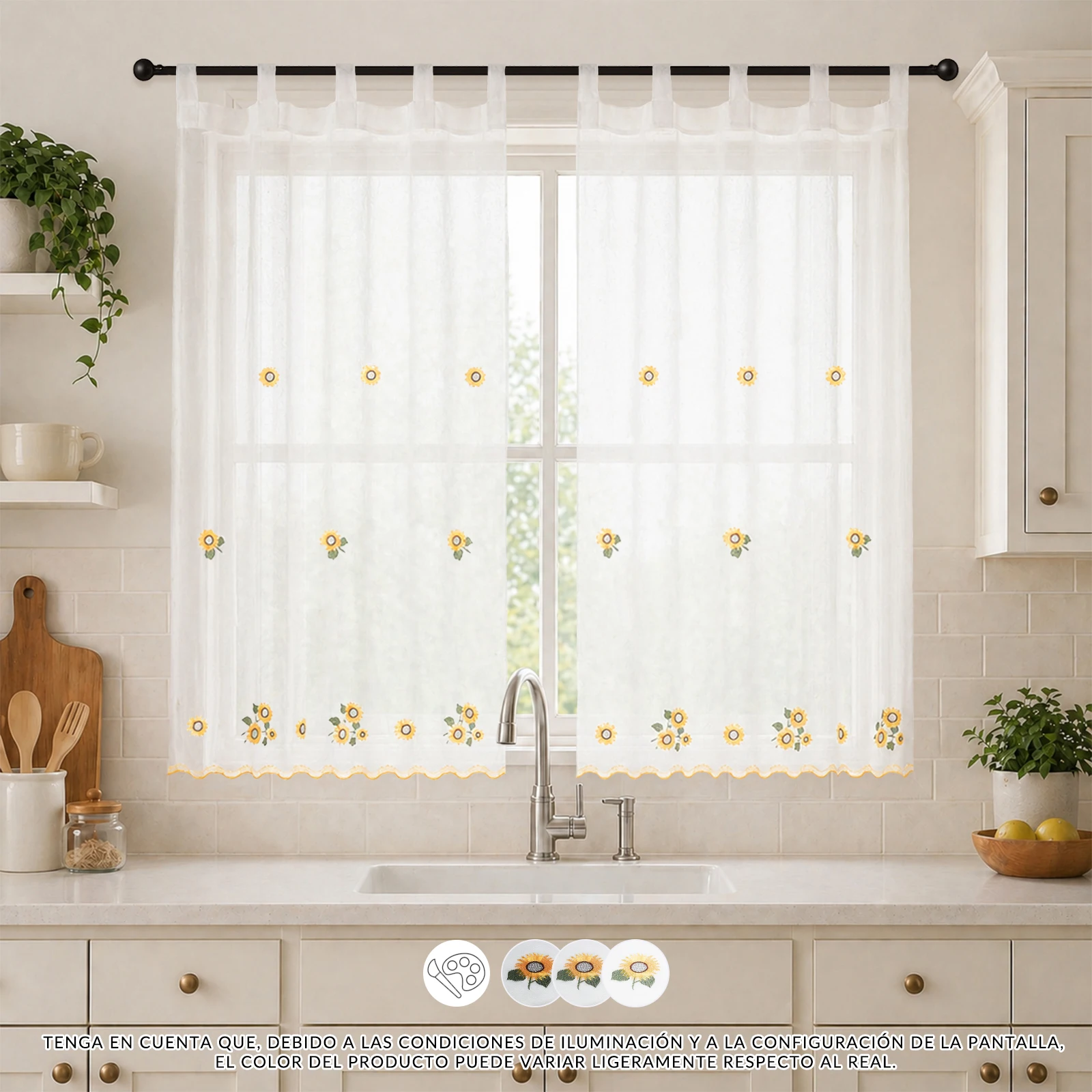 Cortina Decorativa con Bordado Floral Detallado, Tela Transpirable Suave que Filtra Luz Natural, Borde con Ondulado Bordado Elegante, Pack Individual