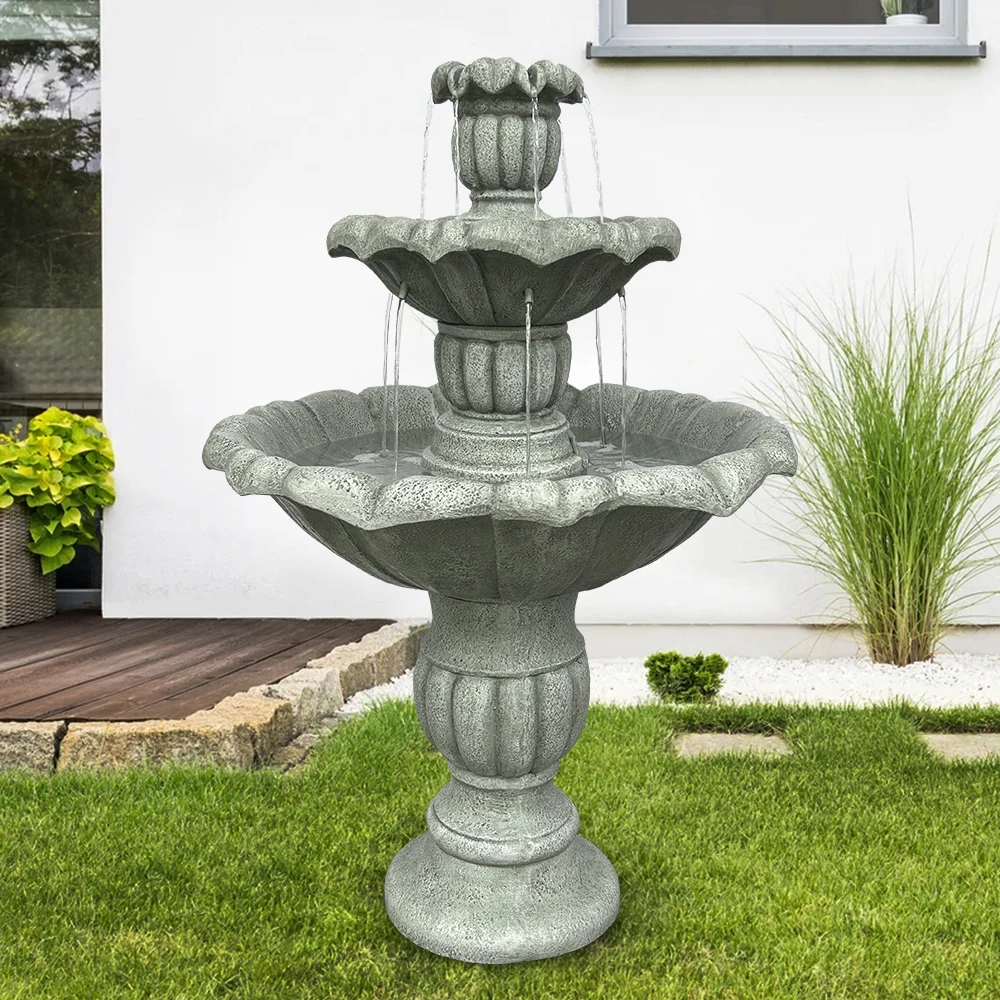 39.3 ''H 3 Tier Concrete Outdoor Floor Standing Garden Cascading Waterfall Fountain with Electric Pump for Yard Patio Lawn Home