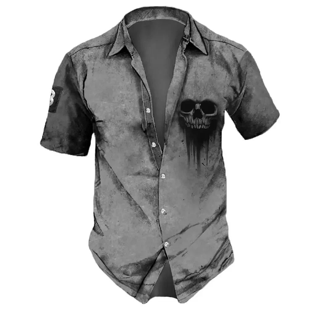 Vintage Herrenhemden Kurzarm-Hemden mit Totenkopf-Aufdruck für Herren, übergroßes cooles Hemd mit