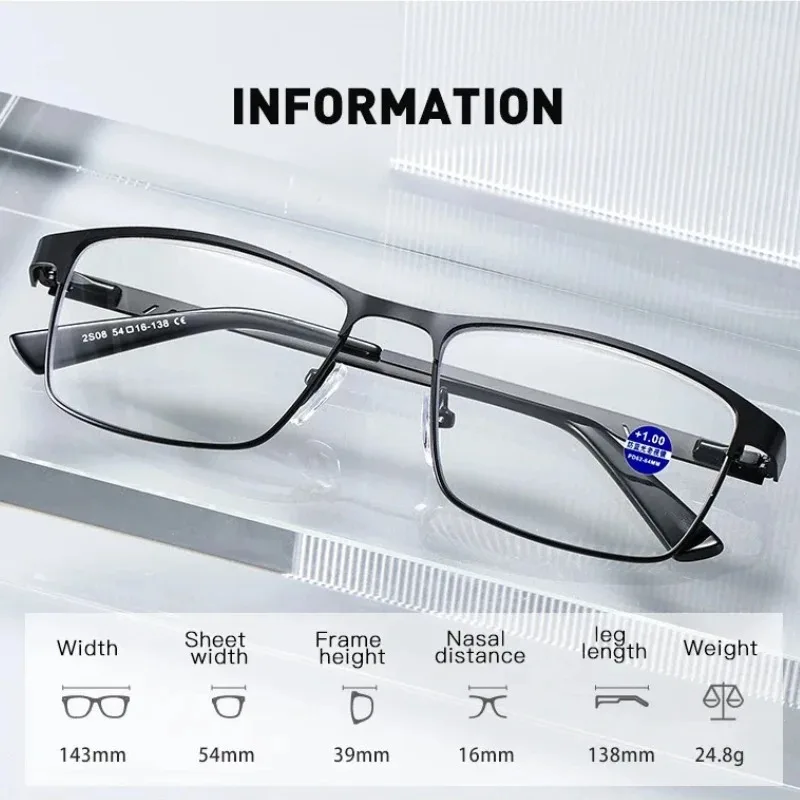 Metal Frame Reading Glasses Men Business Anti Blue Light Eyewear Classic Square Hyperopic Eyeglasses Diopter 0+0.5+0.75+1.0~~6.0