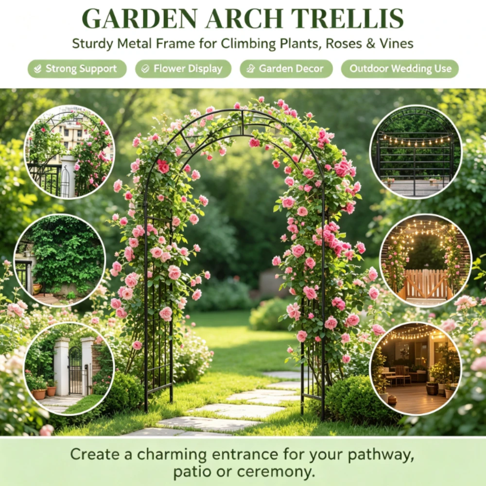 Arco da giardino in metallo, alto 7,9 piedi (2,4 m), con struttura ad arco curvo per piante rampicanti, supporto per arco a forma di palloncino, ideale per decorazioni da giardino, matrimoni e feste.