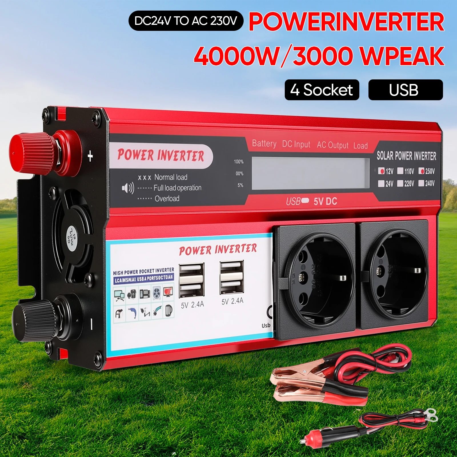 Inversor de Onda Sinusoidal Pura de 4000W Pico/2000W Nominal, Convertidor de CC 12V a CA 220V/230V con 4 Puertos USB y Pantalla LED para RV, Camping y Energía de Respaldo